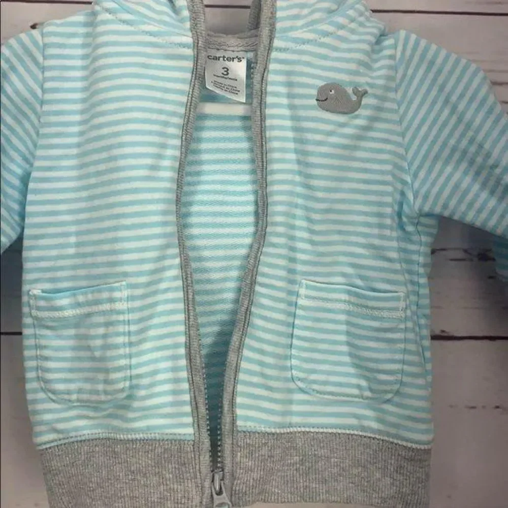 Carter’s Jacket Boys Teal Striped‎ Whale Hooded Coat Size 3 Months